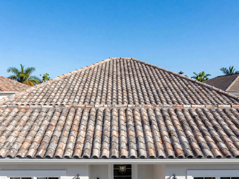 Wide-angle hero shot of a beautiful Florida home with a pristine tile roof, bright direct sunlight, crisp details, 35mm lens