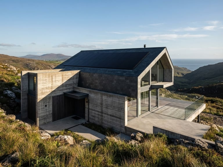 Wide architectural exterior photography of a minimalist concrete home, sharp afternoon sunlight, deep shadows, matte black flush-mount solar panels integrated seamlessly into a slate roof, wide-angle lens