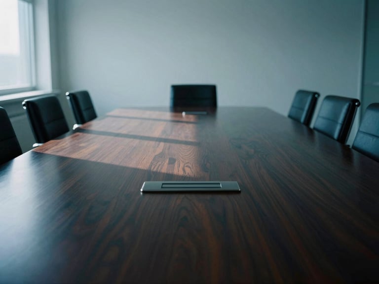 Empty boardroom with natural light reflecting on a dark polished oak table, cool overcast daylight, sharp shadows, 35mm
