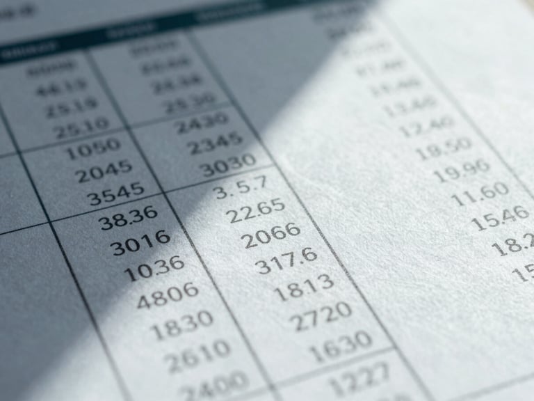 Macro shot of a printed financial statement with clean columns of numbers, sharp architectural shadows on textured heavy paper, overcast natural light, 35mm