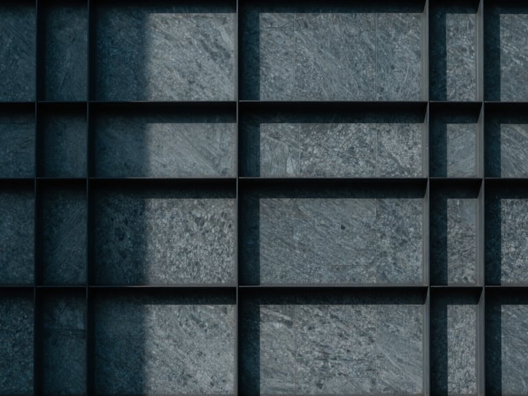 Minimalist abstract texture of structured steel and stone, cool overcast daylight, sharp shadows, editorial architectural photography
