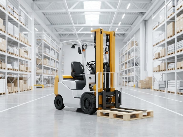 Low-angle hero shot of a stationary electric counterbalance forklift in a bright, high-key modern warehouse, clean white and light gray tones, sharp focus, 35mm lens