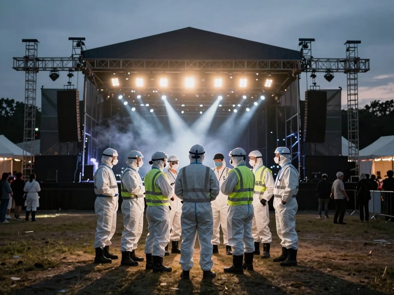 Wide shot of a medical team in high-vis gear briefing near a large outdoor festival stage at dusk, dramatic stage lighting spill, high-contrast, 35mm lens