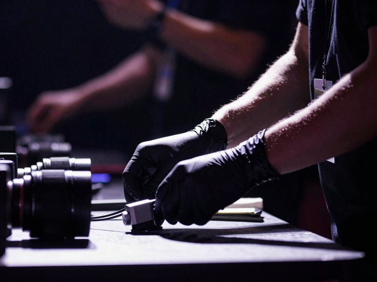Close-up of a medic's hands in black gloves, preparing equipment on a table backstage, subtle stage lighting, high-contrast, 35mm lens