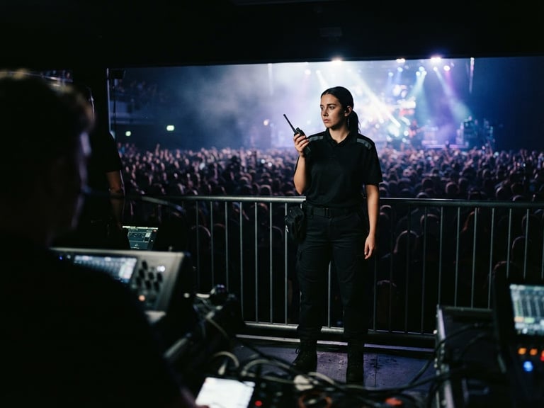 A medic in black event gear, radio in hand, discreetly observing a concert crowd from a control booth, low-light venue, cinematic, high-contrast, 35mm lens.