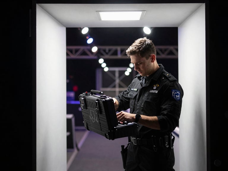 Medium shot of a medic in black event gear checking an advanced medical kit in a dimly lit arena corridor, stage lights visible through a doorway, high-contrast, 35mm lens