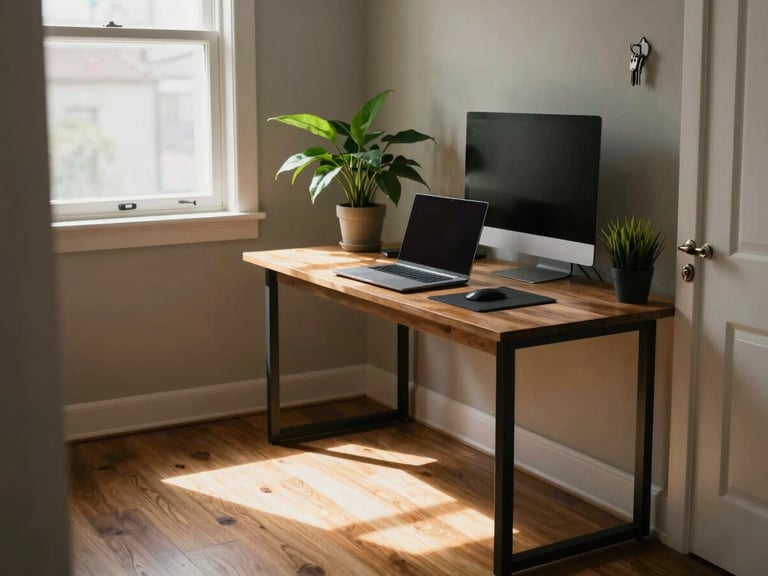 Environmental interior shot of a home office corner — a closed laptop on a wooden desk, a plant beside the monitor, afternoon daylight from a side window laying a long rectangle of light across the floor, keys on a hook near the door