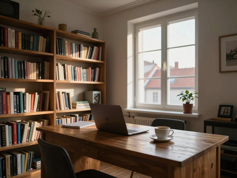 Wide shot of a lived-in European apartment interior, north-facing daylight, a wooden desk with a closed laptop and a coffee cup, bookshelves on the left wall, a window showing rooftops outside, warm ambient light, no people