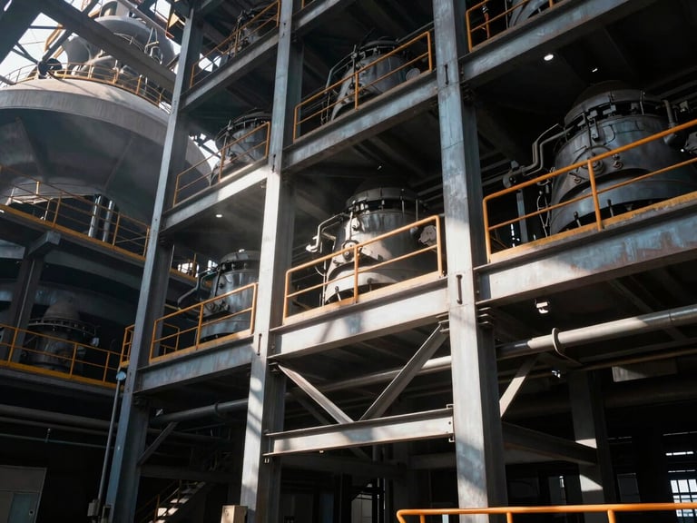 Low-angle shot of massive industrial steel mill structures, dramatic natural light filtering through dust, 35mm lens