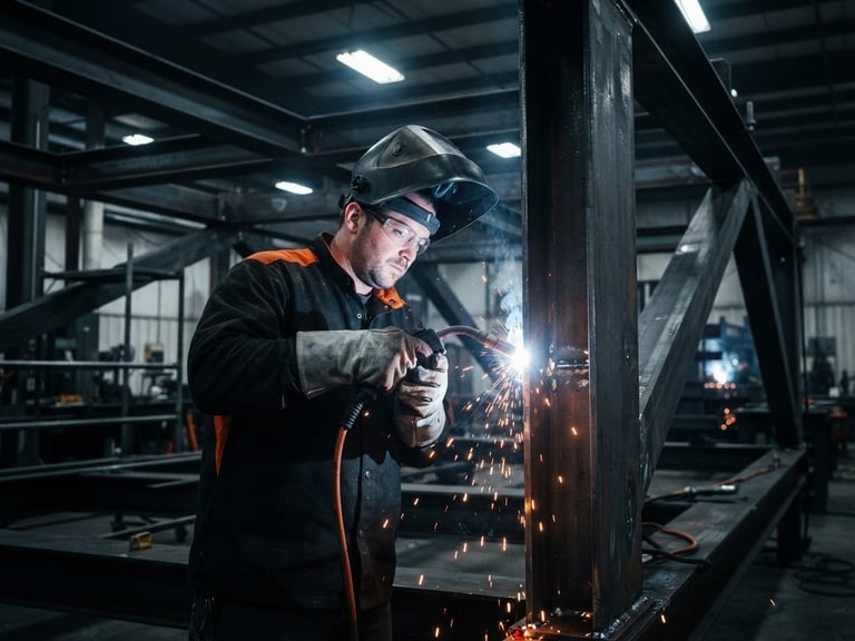 Action shot of a certified welder in protective gear working on heavy steel structures, high-contrast industrial lighting, orange sparks flying, 35mm lens