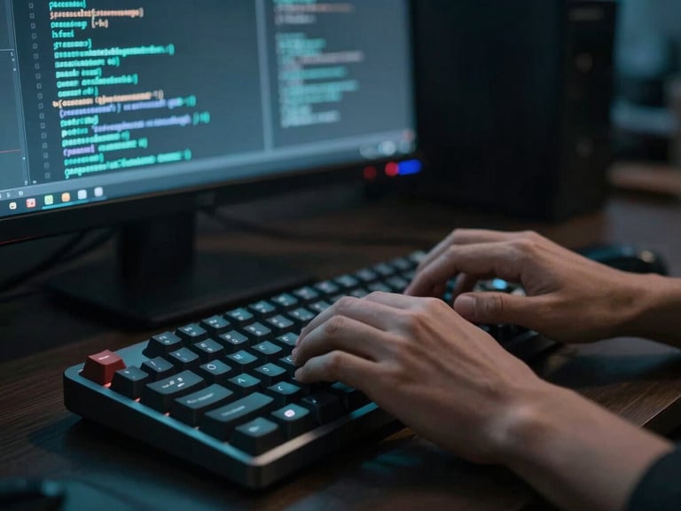 Hands typing on a mechanical keyboard with code reflected on a monitor, low-key dramatic lighting, shallow depth of field.