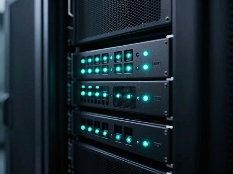 Low-key dramatic photo of a modern server rack with electric teal indicator lights, shallow depth of field, cool-toned ambient glow, cinematic corporate photography.