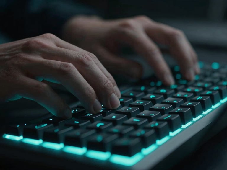 Macro close-up shot of a developer's hands typing code on a mechanical keyboard, cool electric-teal backlighting, shallow depth of field