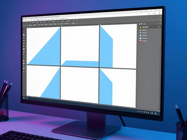 Dynamic close-up of a high-end graphic design workspace, showing a large monitor displaying a modular grid layout, sharp shadows, and electric blue ambient light.