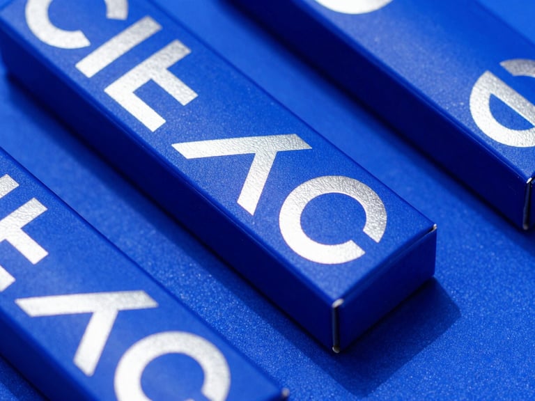 Tight macro shot of premium cosmetics packaging with embossed silver typography, hard shadows, vibrant electric blue background