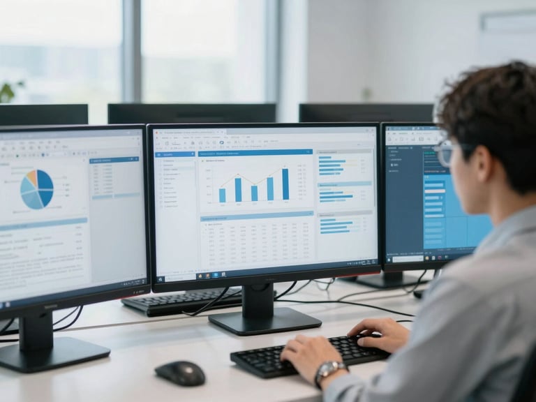 Organized digital workspace with financial documents and analytics on screens, focused professional, bright cool-toned daylight, 35mm lens