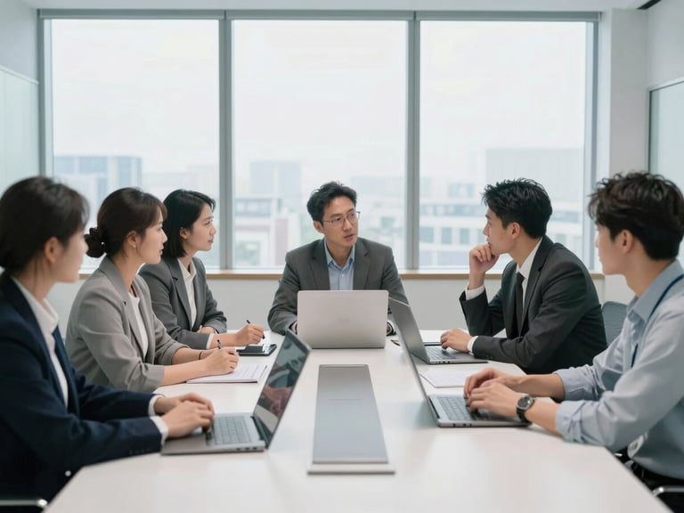 Wide environmental shot of a modern meeting room with professionals discussing strategy around a clean table, organized digital workspace, bright cool-toned daylight, 35mm lens