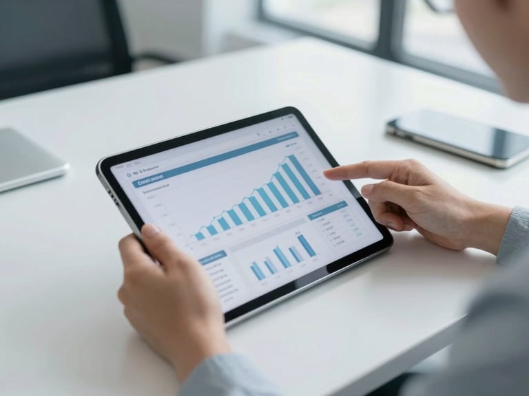 Clean desk setup, close-up of hands collaborating on a tablet displaying cost analysis, modern office environment, bright cool-toned daylight, 35mm lens
