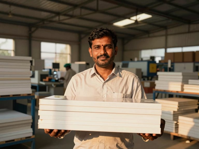 A proud Bangladeshi factory owner in a light-filled warehouse, holding high-quality manufactured goods, warm golden-hour light, authentic environment