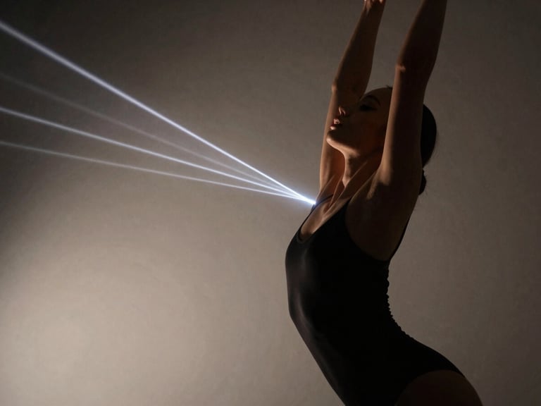 Close-up of physical form in motion, laser light beams cutting through haze, dramatic high-contrast studio lighting, elegant contemporary dance, 35mm