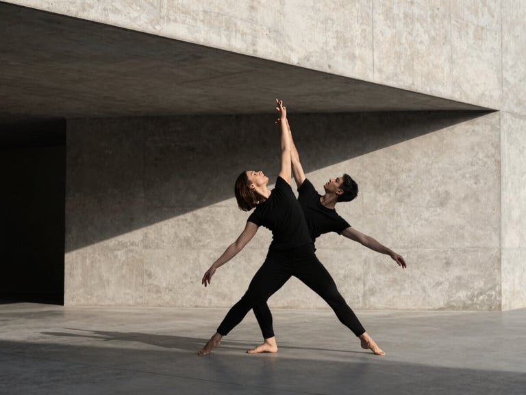 Dancers performing outdoors in front of a minimalist concrete building, sharp shadows, natural daylight, architectural dance photography