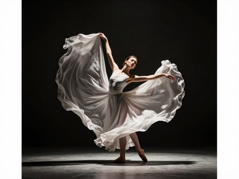 Solo dancer in mid-movement, fabric flowing, dramatic high-contrast stage lighting, dark background, elegant editorial dance photography