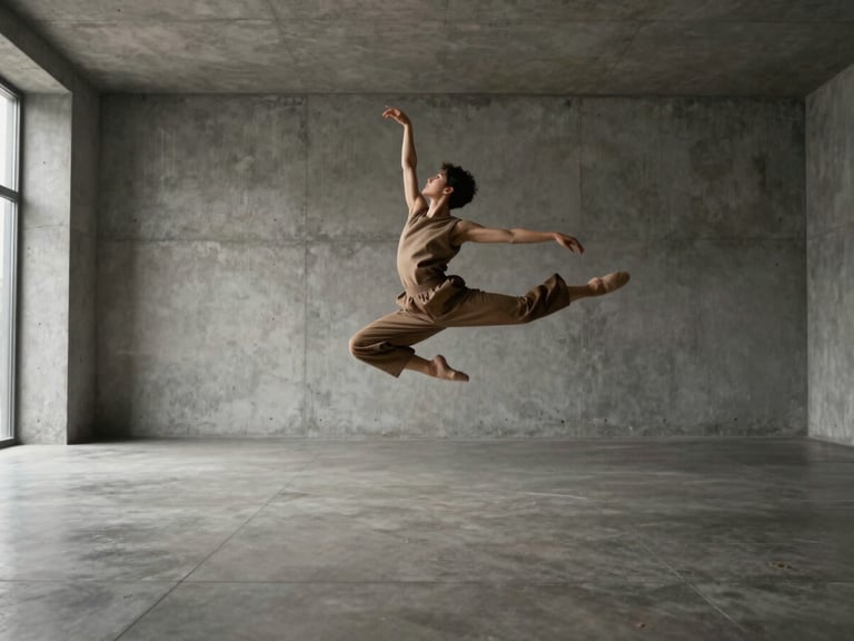 Wide environmental shot of an empty concrete gallery, dancer in a structured earth-toned editorial garment mid-air, soft natural side-lit studio light