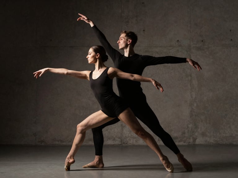 Contemporary dance duet, sharp geometric alignment, dramatic side-lighting, raw concrete background, elegant editorial style