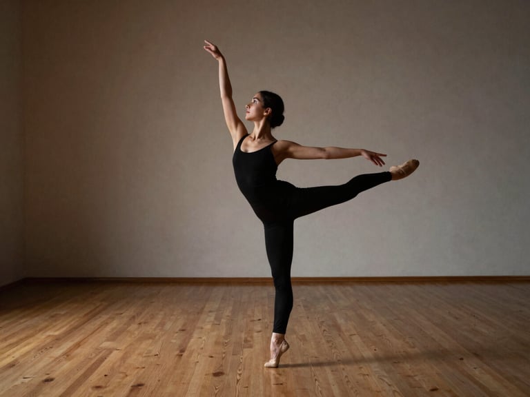 Victoria Holanda in quiet choreographic planning in an empty wood-floor studio, warm side-light, elegant editorial composition, sharp focus