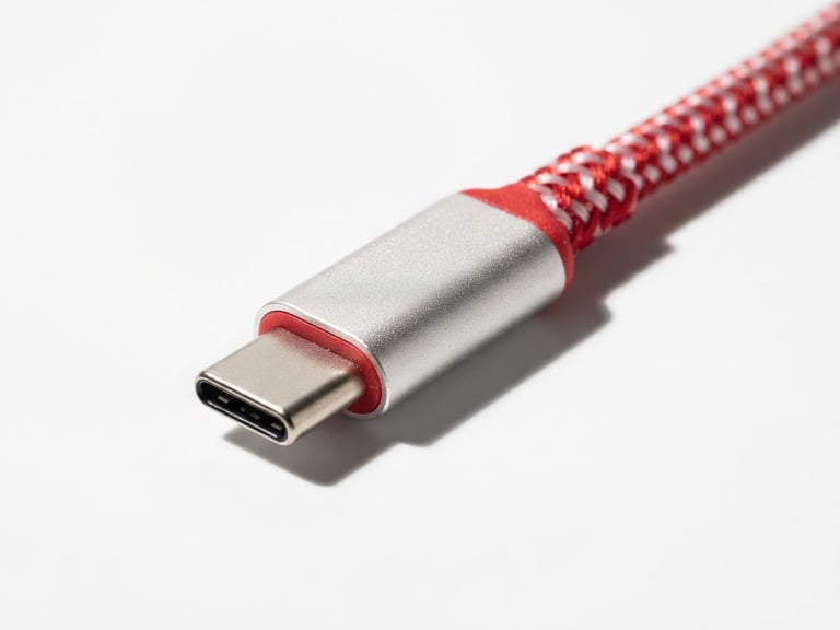 Macro close-up of a red-and-white braided USB-C connector on a stark white background with sharp shadows