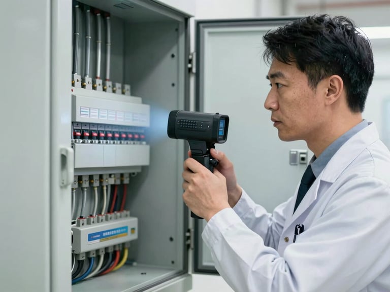 An inspector in clean gear using a thermal imaging camera to scan an electrical panel, bright natural lighting, clear details.