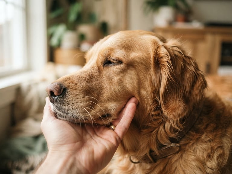 Candid close-up of a golden retriever resting its head gently on a human hand, soft daylight from a window, warm sand tones, shallow depth of field