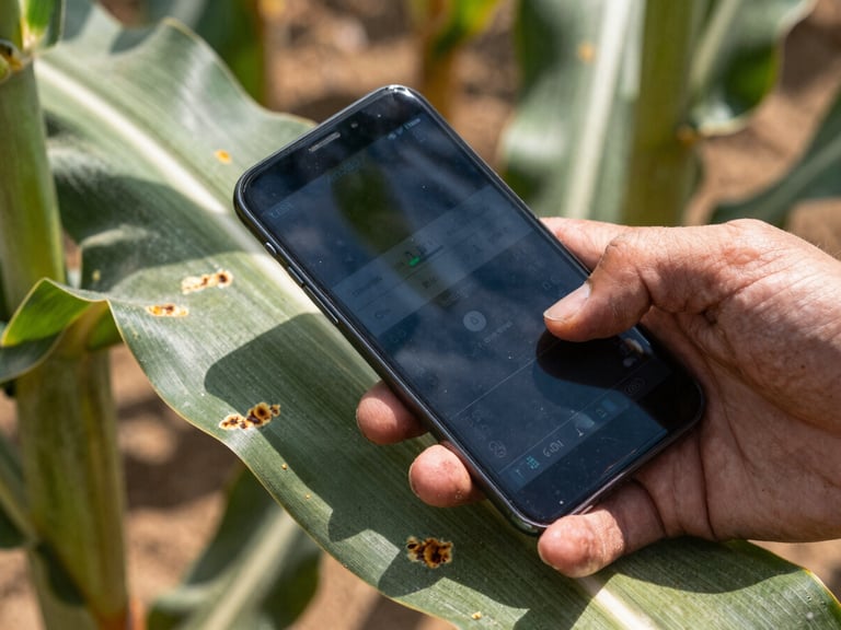 Close-up of a weather-beaten hand holding an Android smartphone over a maize leaf with pest lesions, sharp focus on the screen showing offline diagnostic telemetry, harsh midday sun, authentic documentary style.