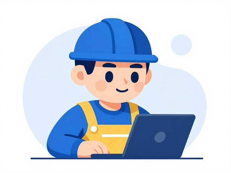 A premium flat vector mascot illustration of a focused digital builder with geometric shapes, deep royal blue and gold accents, clean tech aesthetic, 16:9 landscape aspect