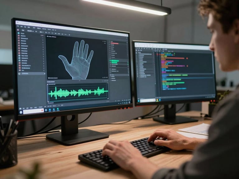 Studio desk medium shot, developer's hands on keyboard with monitor showing gesture-logic debug overlay and timing trace, secondary screen with code editor open, cool overhead work-light, documentation aesthetic, no faces visible