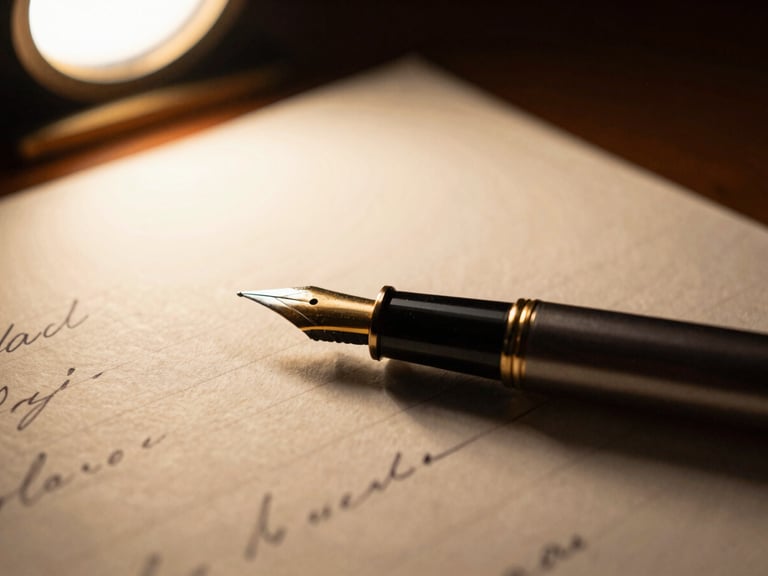 Extreme close-up of a vintage fountain pen resting on heavy, cream-colored cotton paper with hand-written ink notes, soft golden desk lamp light, dark shadows, shallow depth of field.