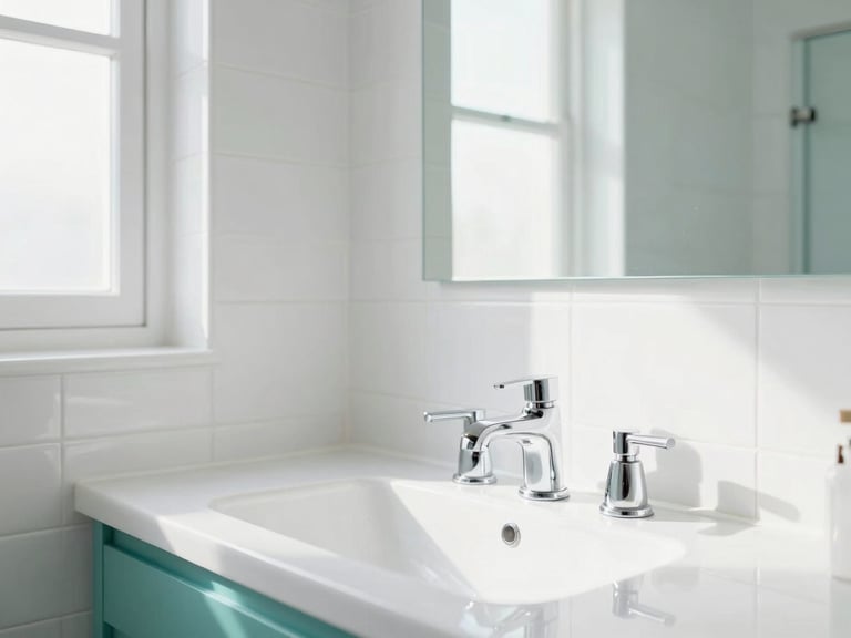 Sunlit modern bathroom with sparkling clean white tiles and teal accents, chrome fixtures reflecting bright daylight, airy atmosphere, 35mm