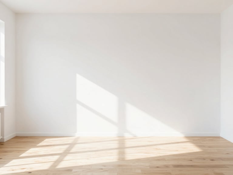 Empty bright room with clean light wood flooring, sunbeams casting shadows on the pristine white wall, spacious and airy feeling, 35mm