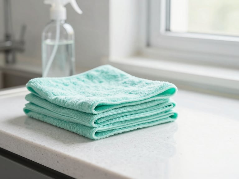 Macro shot of natural cleaning tools, microfiber cloths neatly stacked beside a glass spray bottle on a clean white quartz countertop, bright daylight, 35mm