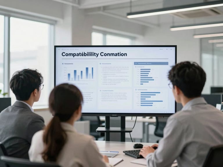 Engineers reviewing a compatibility report on a large screen in a bright industrial office, focused on the screen, cool neutral tones