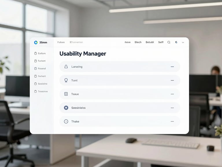 Clean user interface screenshot of a future Usability Manager module, showing user flow analysis, high-fidelity, bright neutral daylight