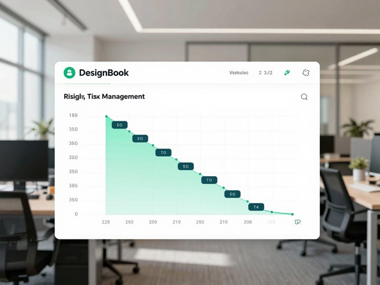 Screenshot of DesignBook's risk management module interface, showing a color-coded risk matrix, high-fidelity, bright neutral daylight