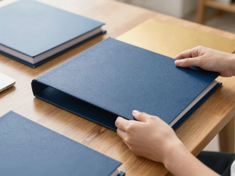 Close-up of hands organizing high-end stationery and corporate folders on a wooden desk, bright natural daylight, clean architectural angles