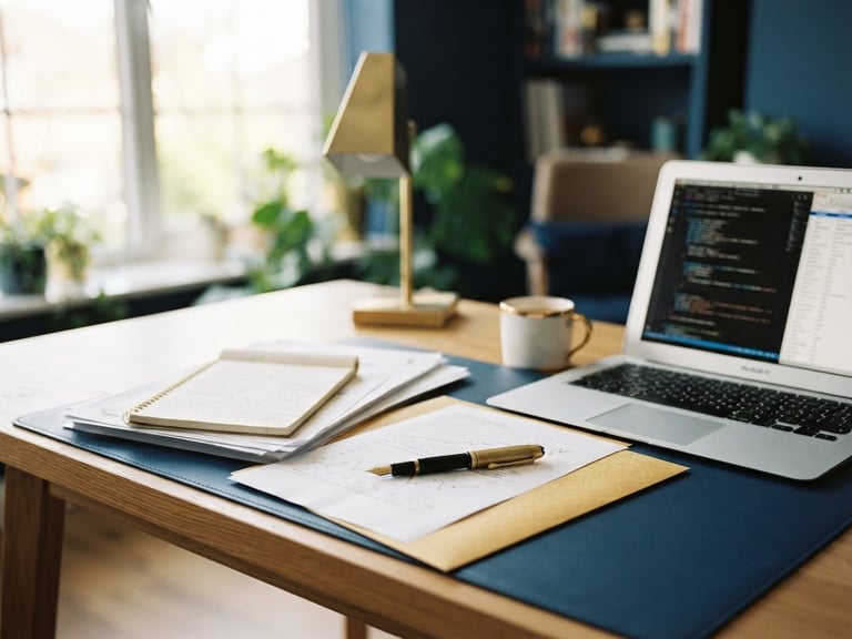 Professional workspace with documents, pen, and a laptop, bright natural daylight, shallow depth of field, deep blue and warm gold accents