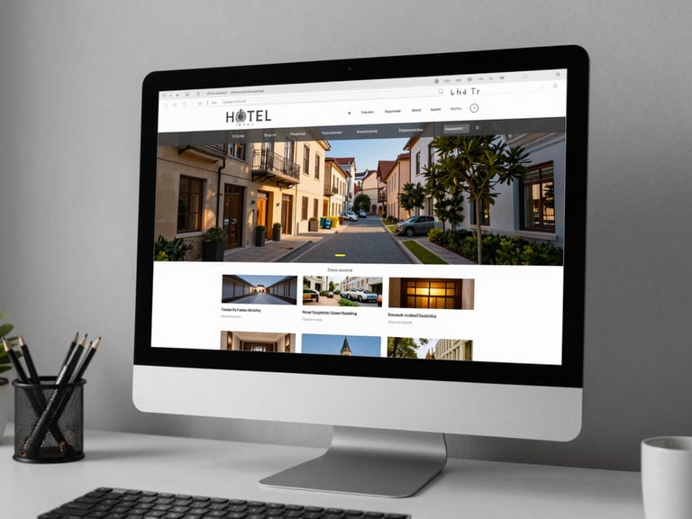 Environmental shot of a sleek website interface displayed on a desktop monitor in an organized workspace, even controlled studio lighting, hotel property gallery and booking module visible on screen, sharp interface detail at mid-range, no people, clean surface