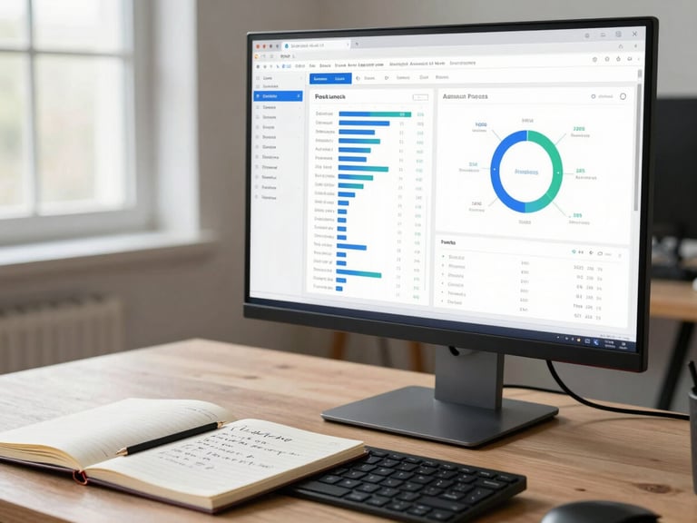 Wide workspace shot showing a monitor with a post-launch analytics report open — clean interface, organized desk, a notebook open to handwritten performance notes beside the keyboard, north-facing daylight