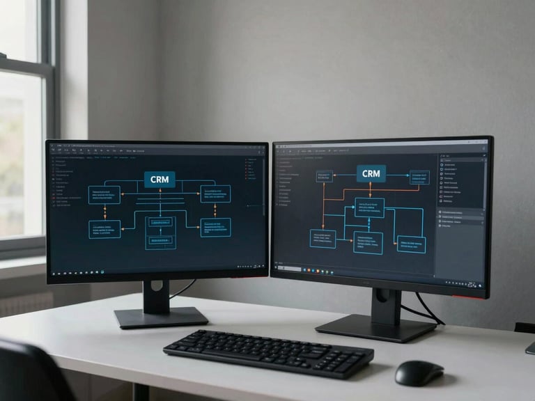 Wide environmental shot of a dual-monitor workstation displaying a CRM architecture wireframe — clean desk, muted walls, even daylight from a left-side window, no people in frame