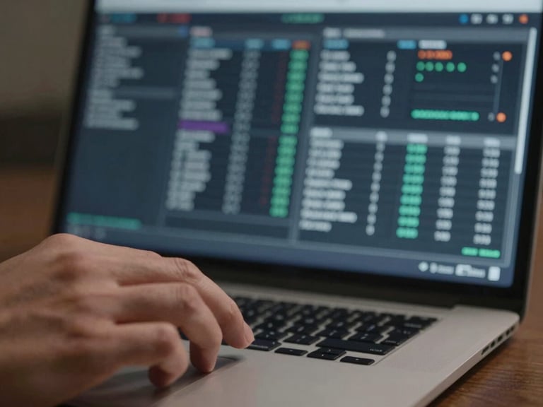 Macro detail of hands navigating a live operational dashboard on a laptop screen — data tables and status indicators visible, fingers on trackpad, even controlled studio lighting, no faces in frame