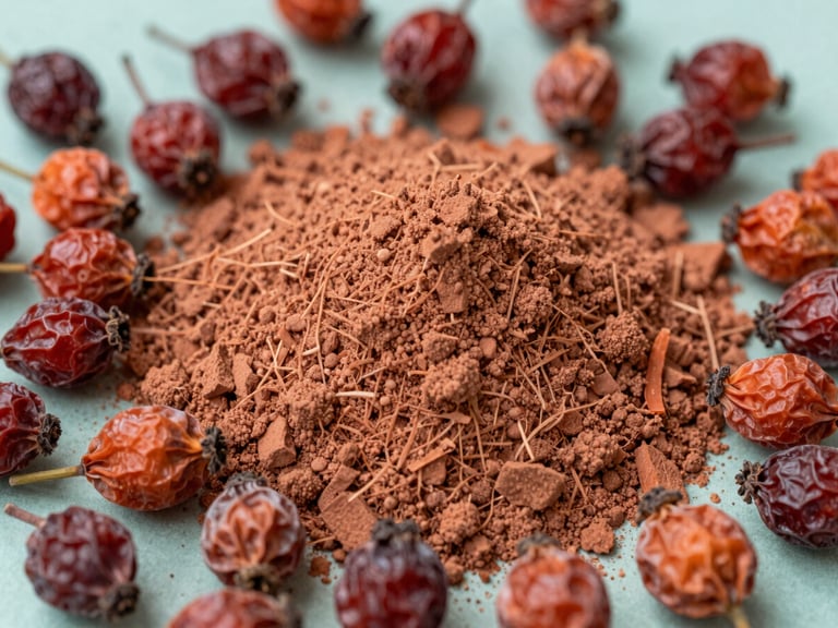 Close-up of dried Rosa Canina rosehip berries and powder, organic texture, cold northern daylight, soft rosehip terracotta tones.