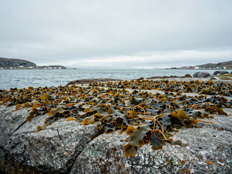 Wild Ascophyllum Nodosum seaweed drying on rocks by a pristine Norwegian fjord, cold northern daylight, desaturated sea green tones, wide angle, editorial framing.